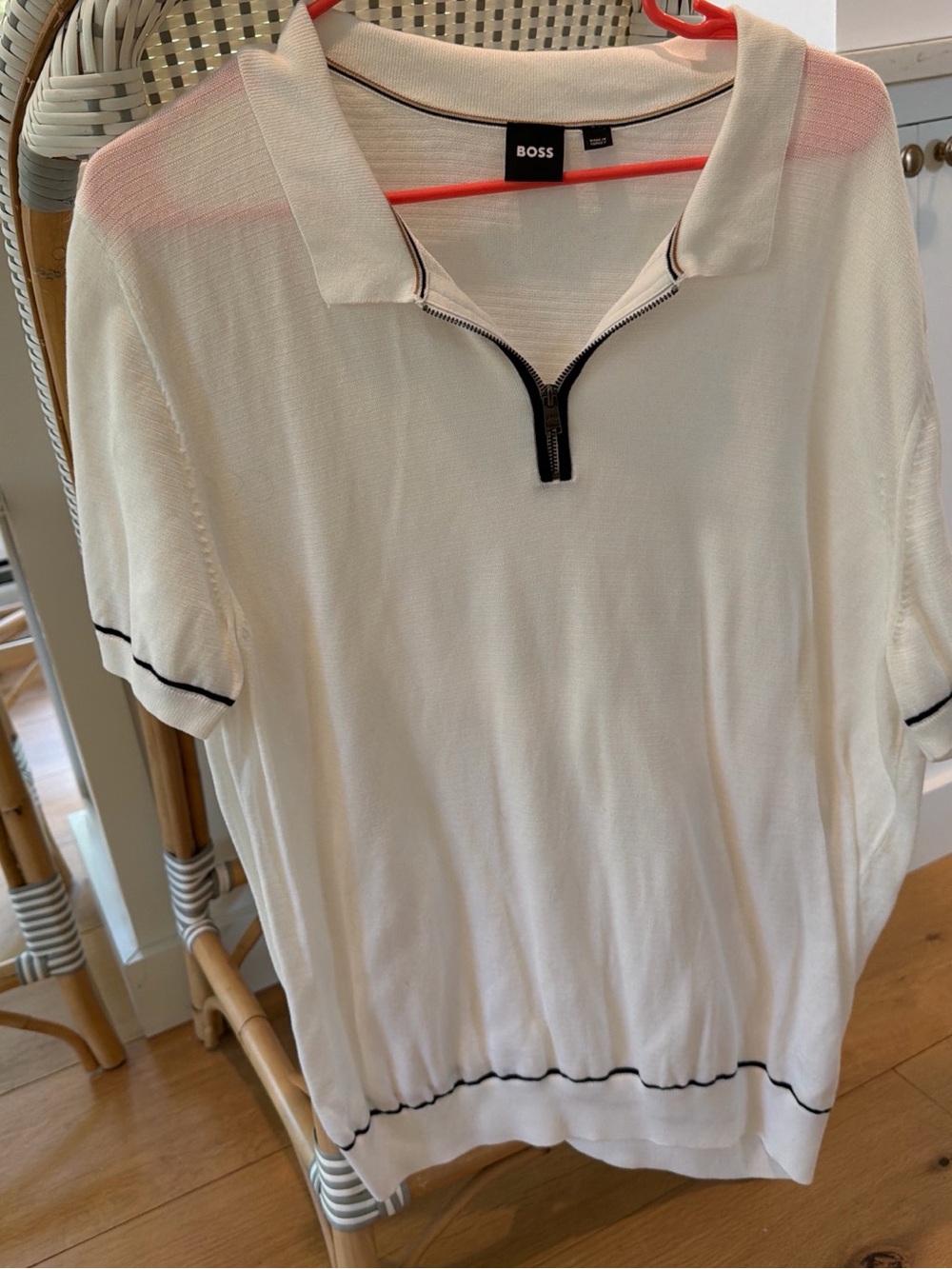 Men’s BOSS White Short-Sleeve Zip Polo with Black Trim